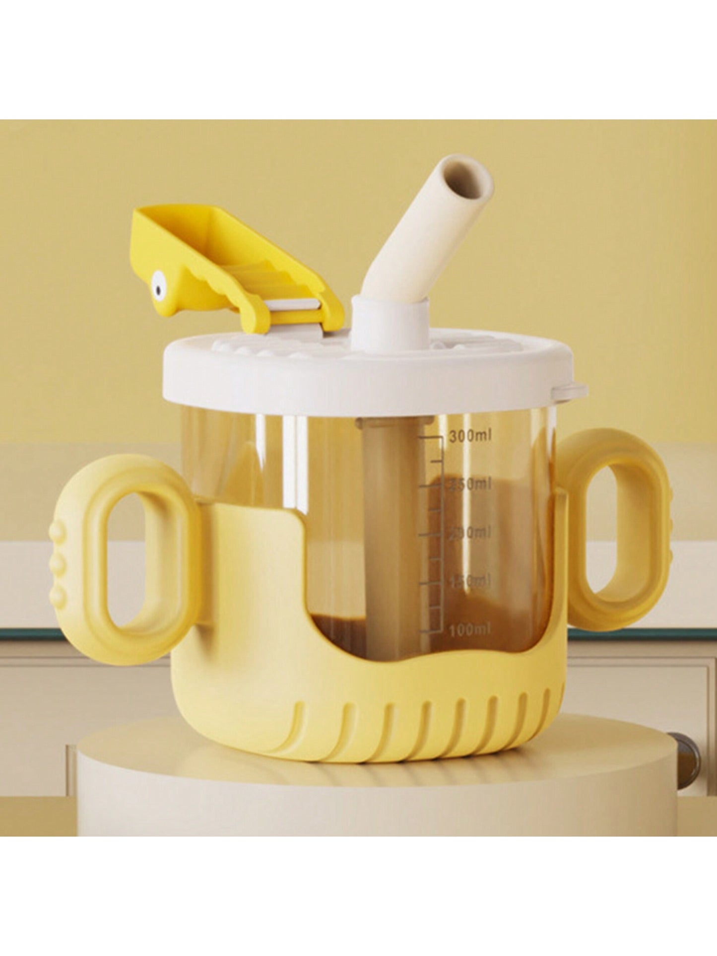 1pc Yellow Crocodile Design Baby Sippy Cup With Rounded Handle, Clear Scale And Silicone Straw