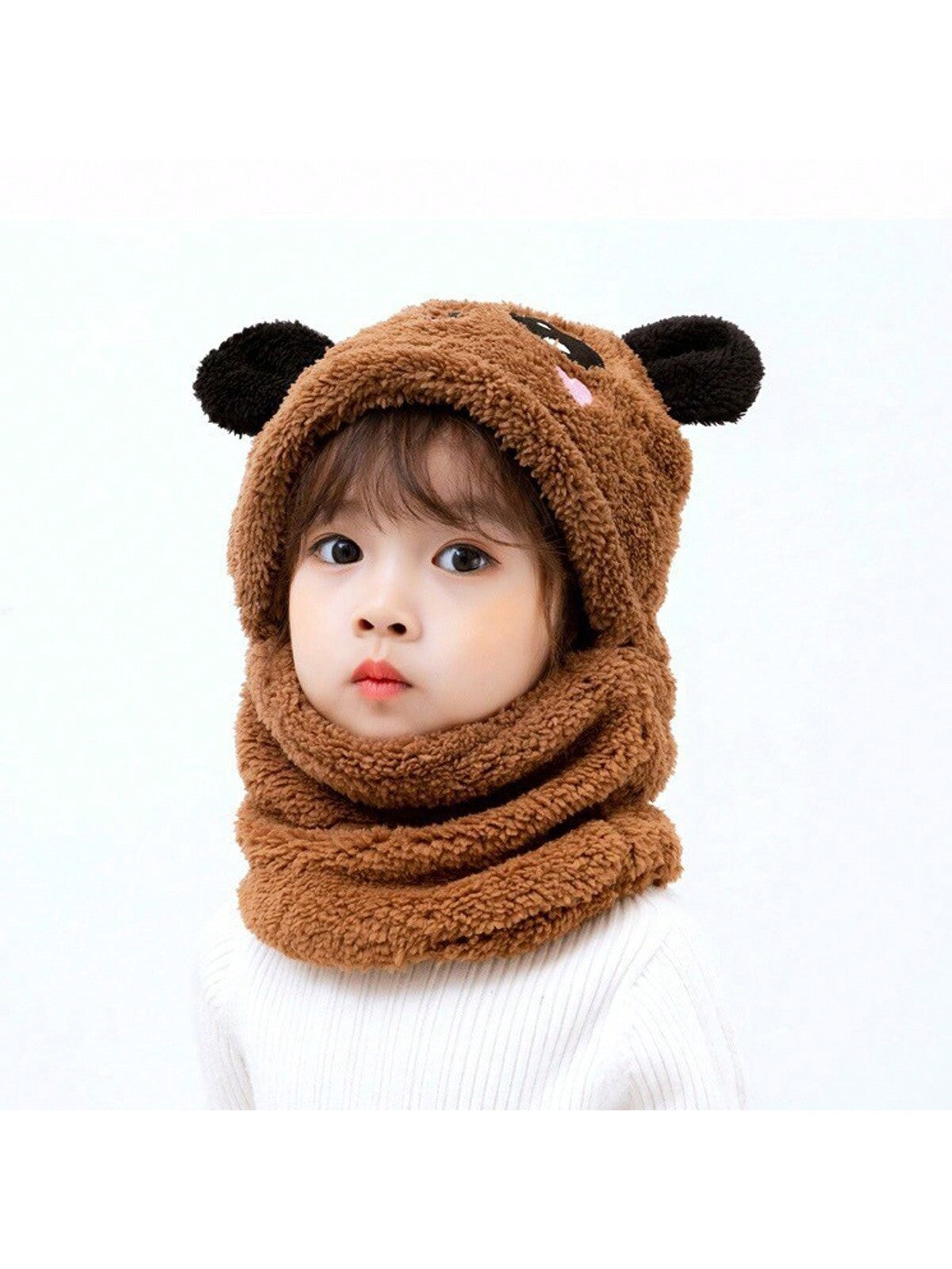 1pc Unisex Cartoon Bear Shaped Hat With Scarf And Mask Design, Thickened, Warm, Suitable For Daily Wear In Autumn And Winter twins