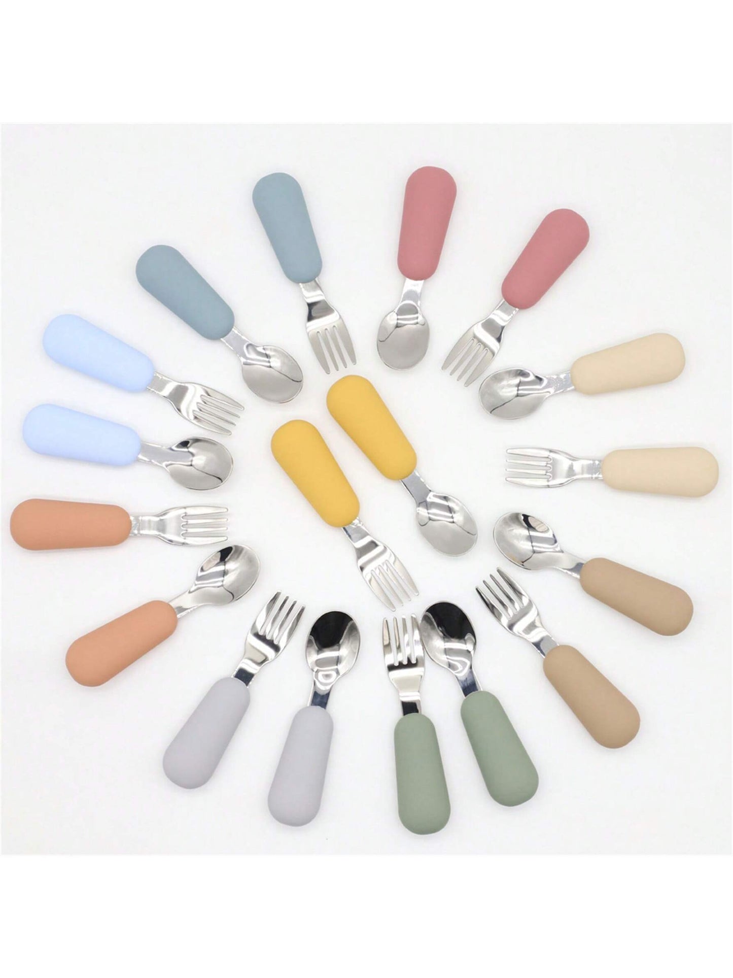 2pcs Toddler Tableware Set With Silicone Handle, Stainless Steel Children Safe Spoon & Fork, Food-grade Silicone, Dishwasher Safe