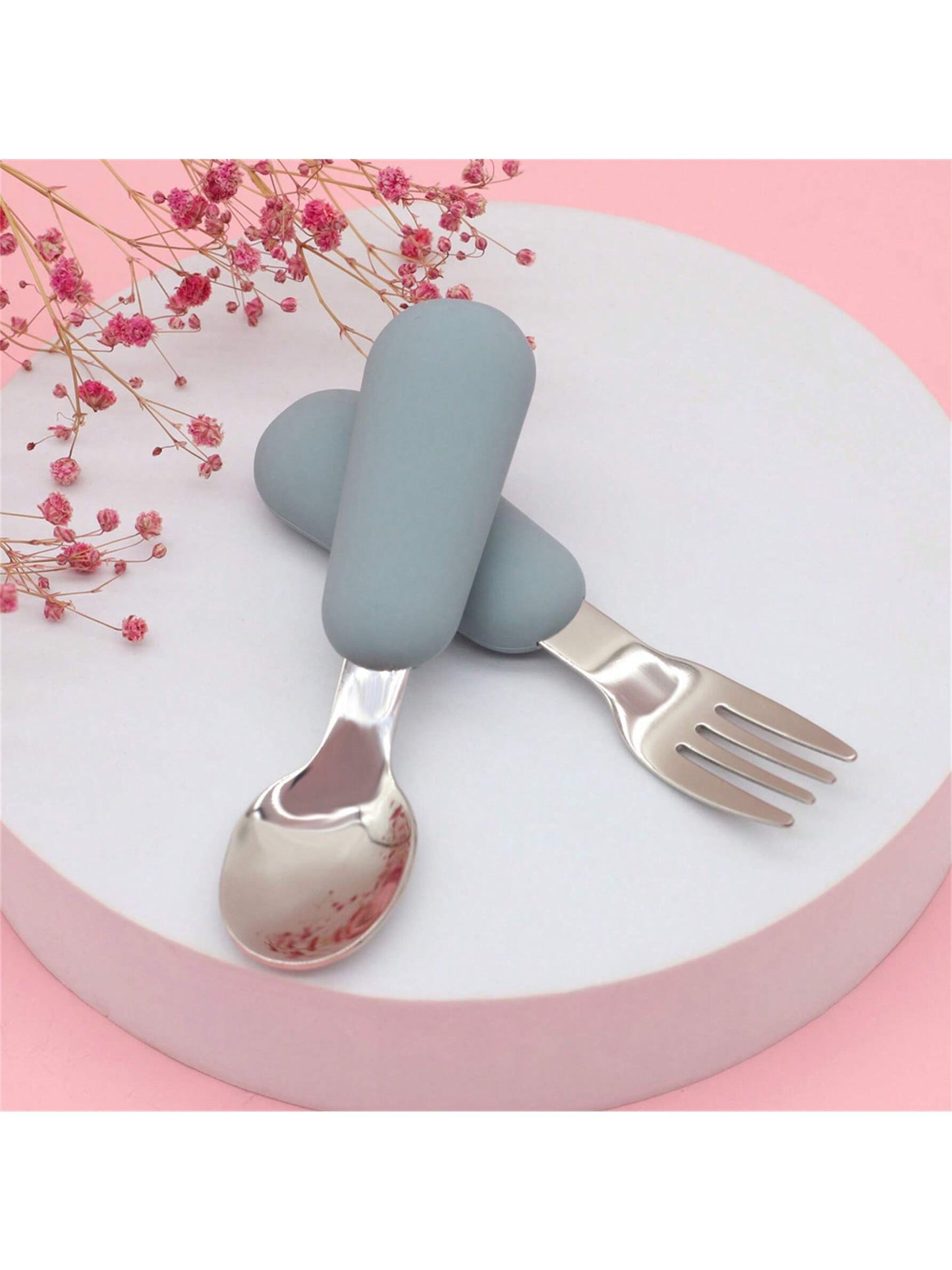 2pcs Toddler Tableware Set With Silicone Handle, Stainless Steel Children Safe Spoon & Fork, Food-grade Silicone, Dishwasher Safe