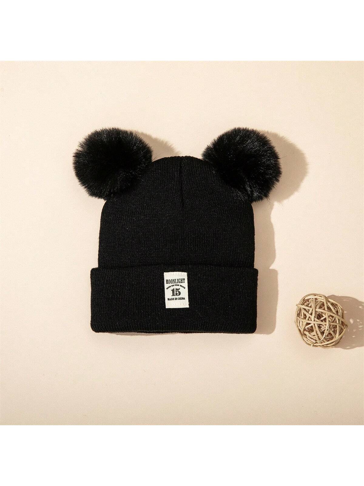 2pcs Double Ball Cart Label Children's Knitted Hat Combination Suitable For Winter Warm Keeping Winter Hat For Baby twins