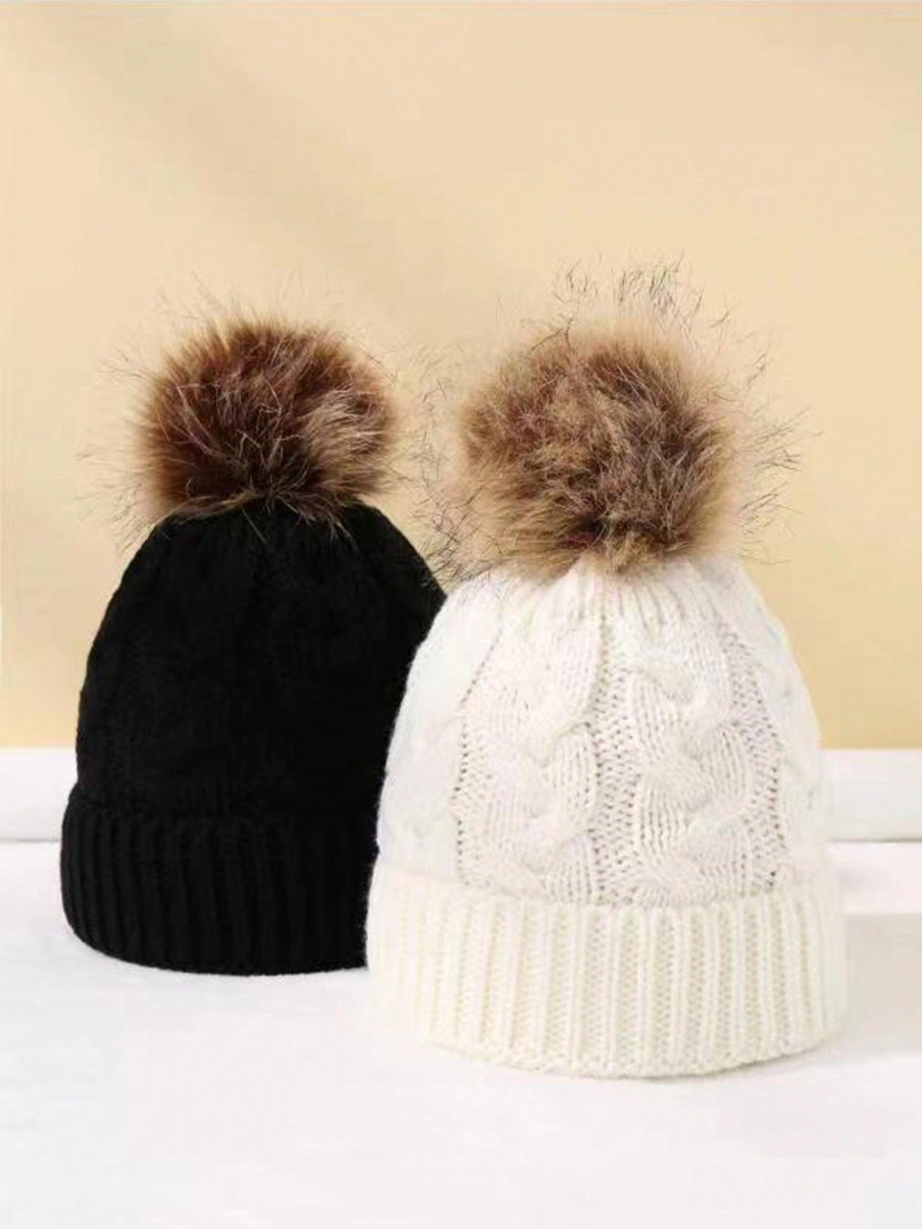 2pcs/set Unisex Knitted Hat With Pom Pom And Twist Pattern In Beige And Pink For Kids And Baby, Suitable For Winter Outdoor Activities, Casual Wear And Daily Commute.