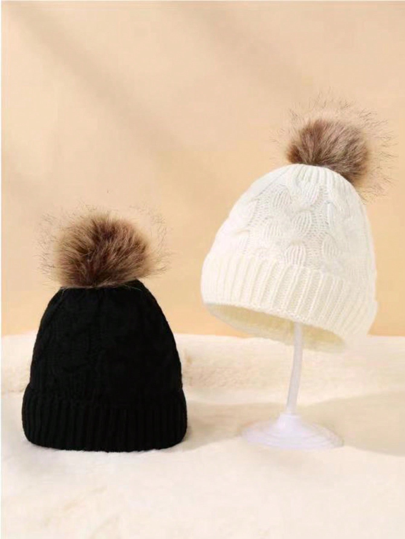 2pcs Black & White Unisex Kids' & Baby's Beanie Hat, Y2k Pom Pom Twist Knit Winter Cap, Suitable For Daily Commute, Outdoor Activities twins