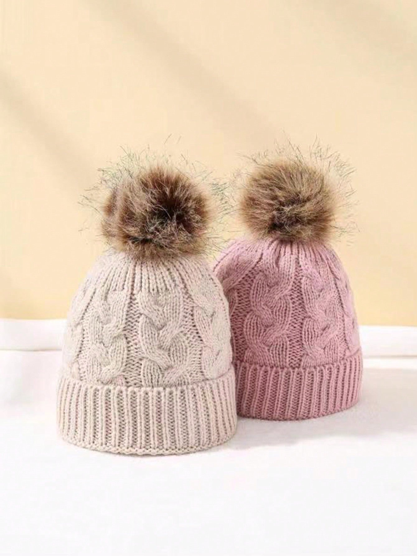 2pcs Black & White Unisex Kids' & Baby's Beanie Hat, Y2k Pom Pom Twist Knit Winter Cap, Suitable For Daily Commute, Outdoor Activities twins