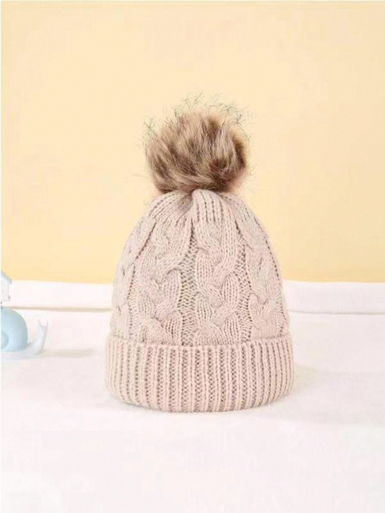 2pcs/set Unisex Knitted Hat With Pom Pom And Twist Pattern In Beige And Pink For Kids And Baby, Suitable For Winter Outdoor Activities, Casual Wear And Daily Commute.