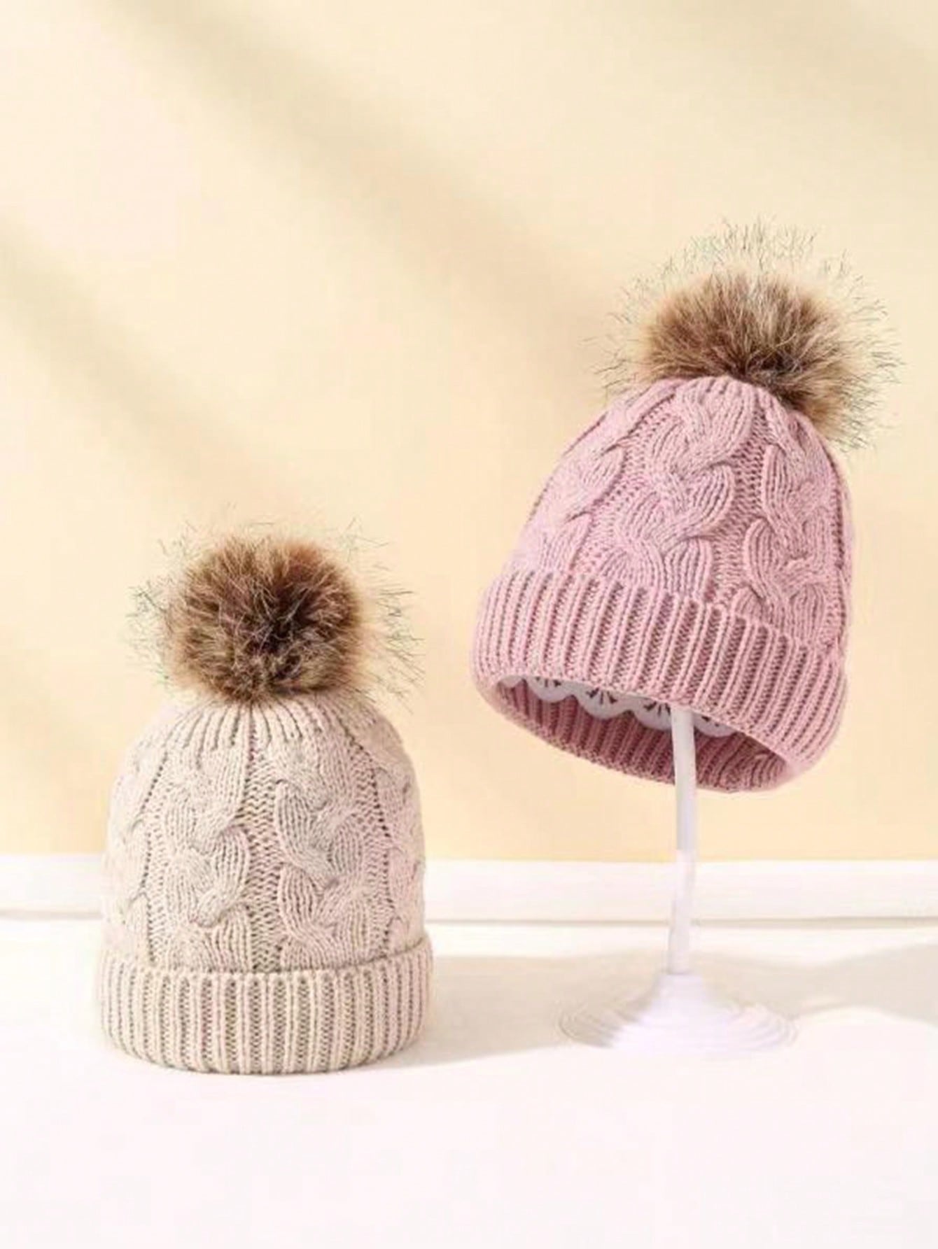 2pcs/set Unisex Knitted Hat With Pom Pom And Twist Pattern In Beige And Pink For Kids And Baby, Suitable For Winter Outdoor Activities, Casual Wear And Daily Commute.