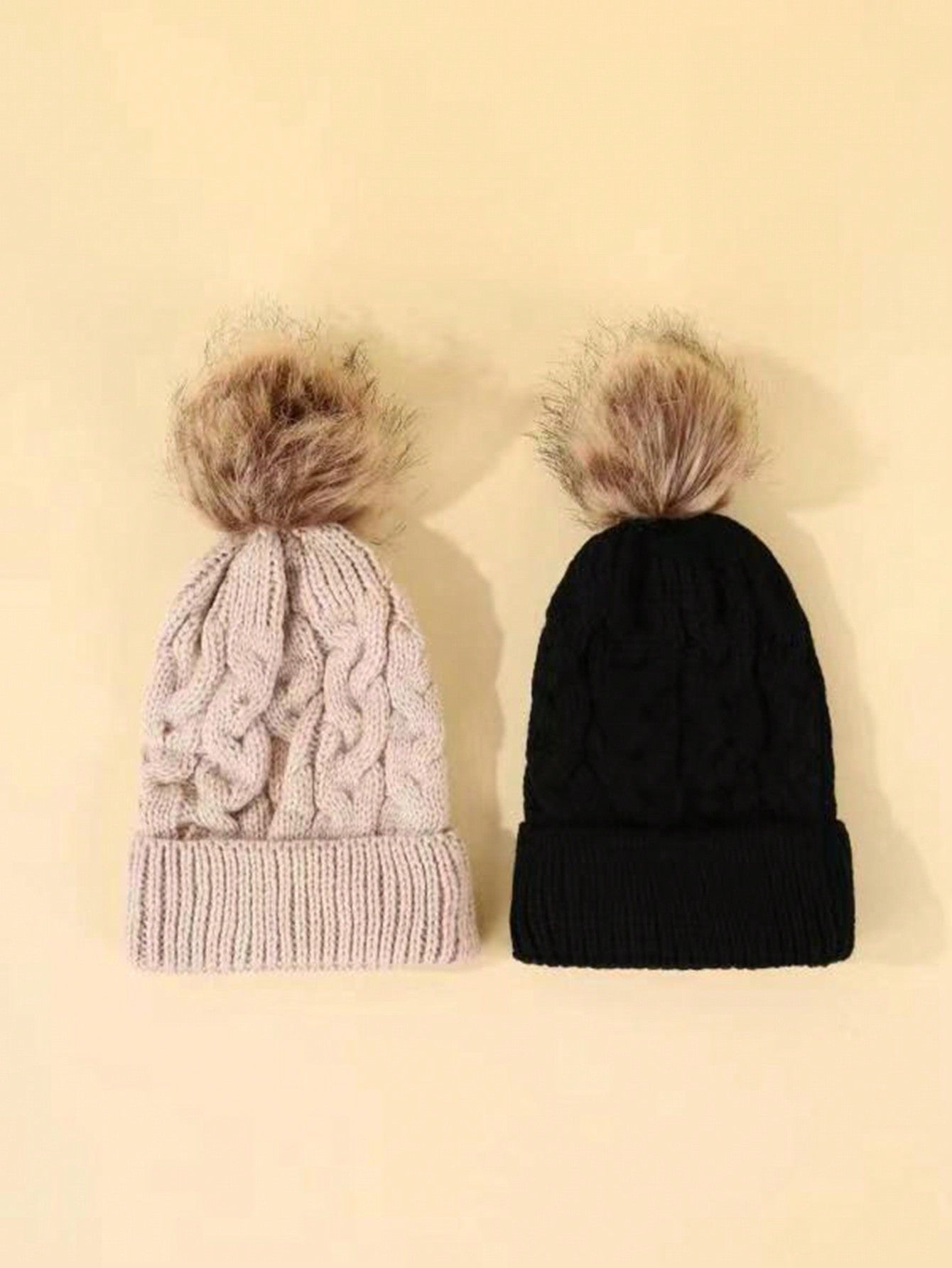 2pcs/set Unisex Knitted Hat With Pom Pom And Twist Pattern In Beige And Pink For Kids And Baby, Suitable For Winter Outdoor Activities, Casual Wear And Daily Commute.