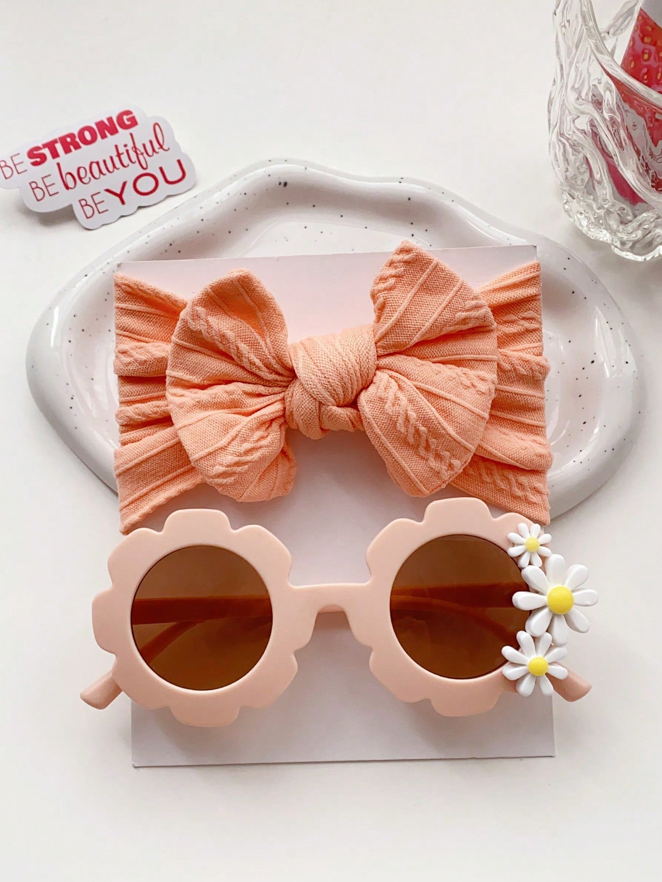 2pcs/Set Pink Children's Flower Sunglasses + Cute Bowknot Headband