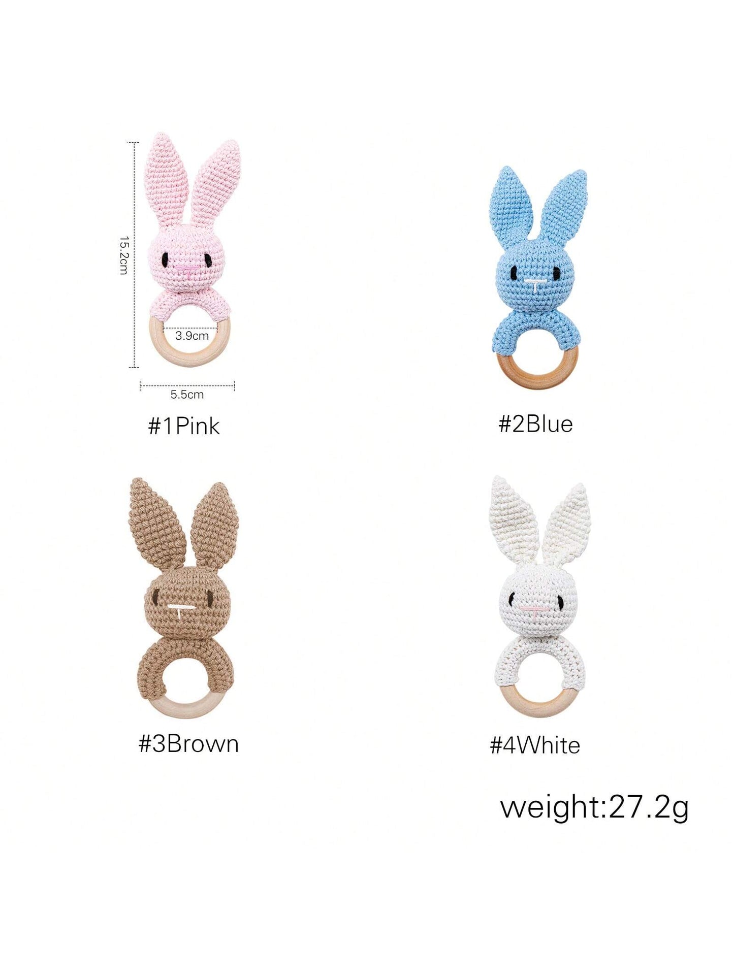 Baby Blue Crochet Pointy Ears Rabbit Beech Wood Ring Teether