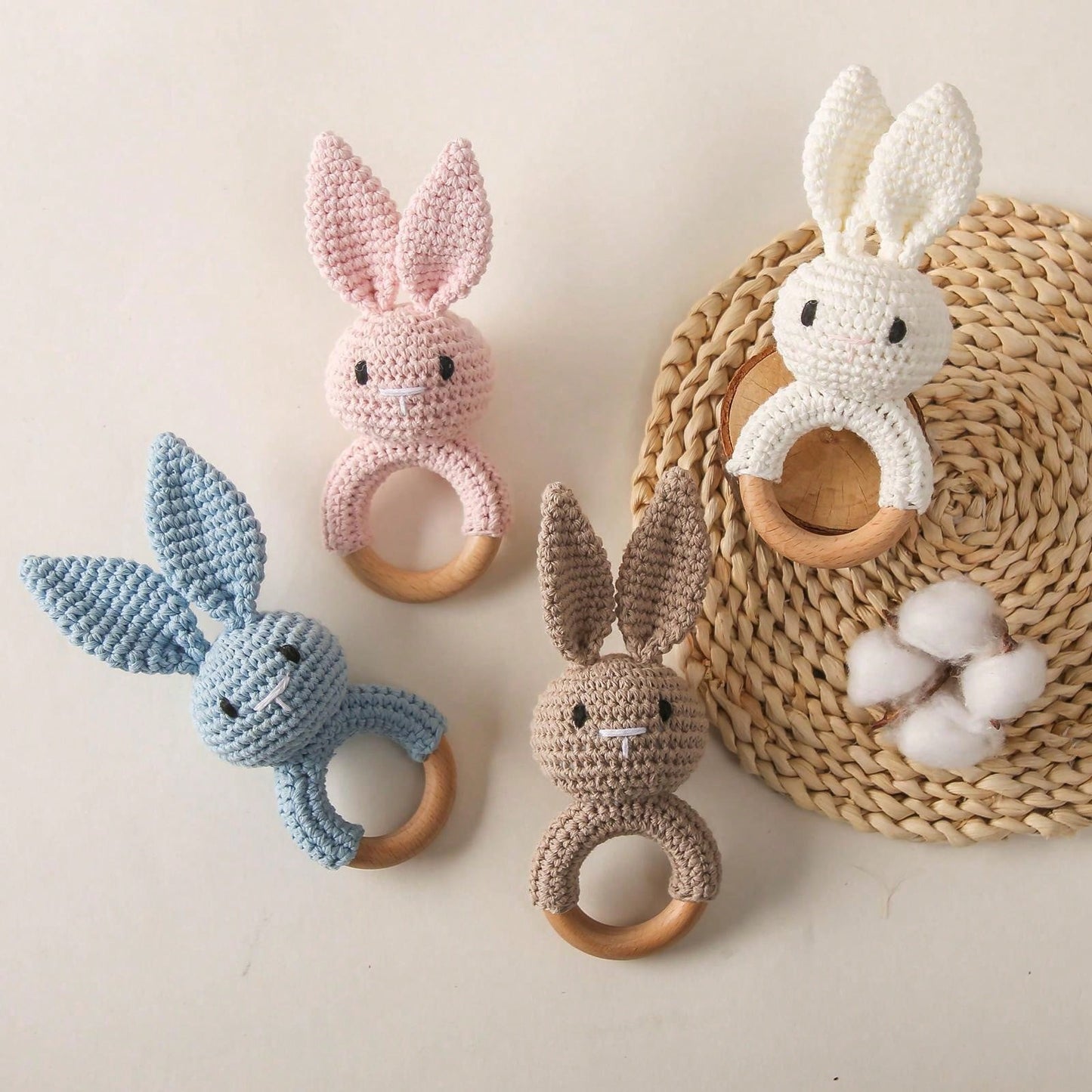 Baby Blue Crochet Pointy Ears Rabbit Beech Wood Ring Teether