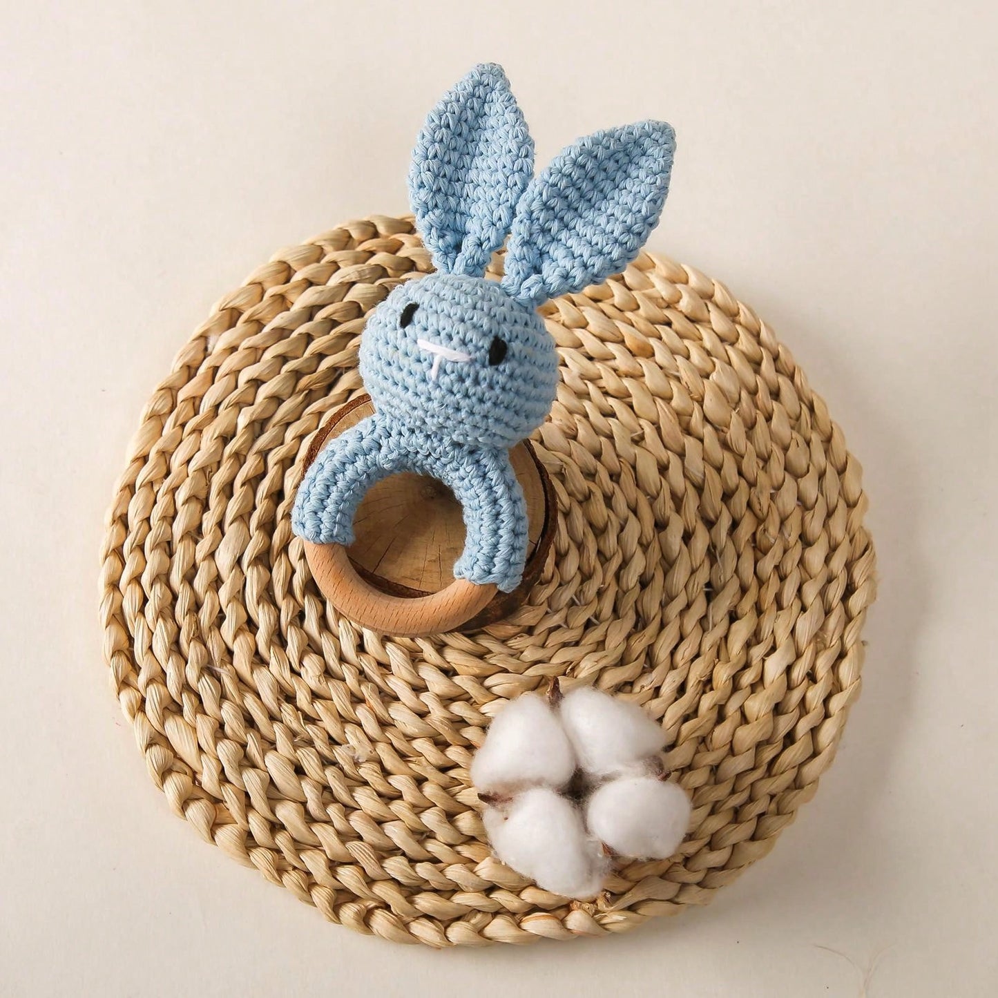 Baby Blue Crochet Pointy Ears Rabbit Beech Wood Ring Teether
