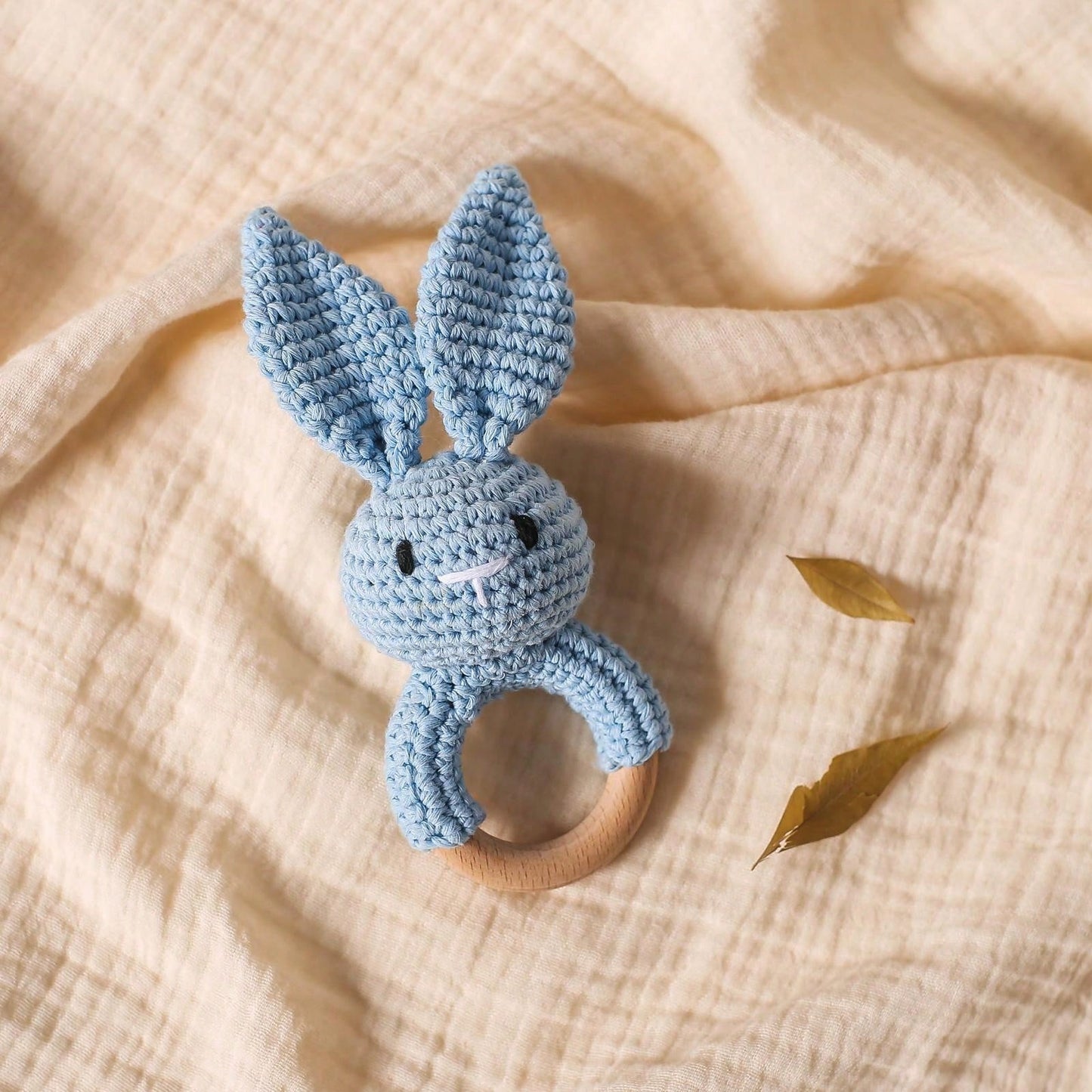 Baby Blue Crochet Pointy Ears Rabbit Beech Wood Ring Teether