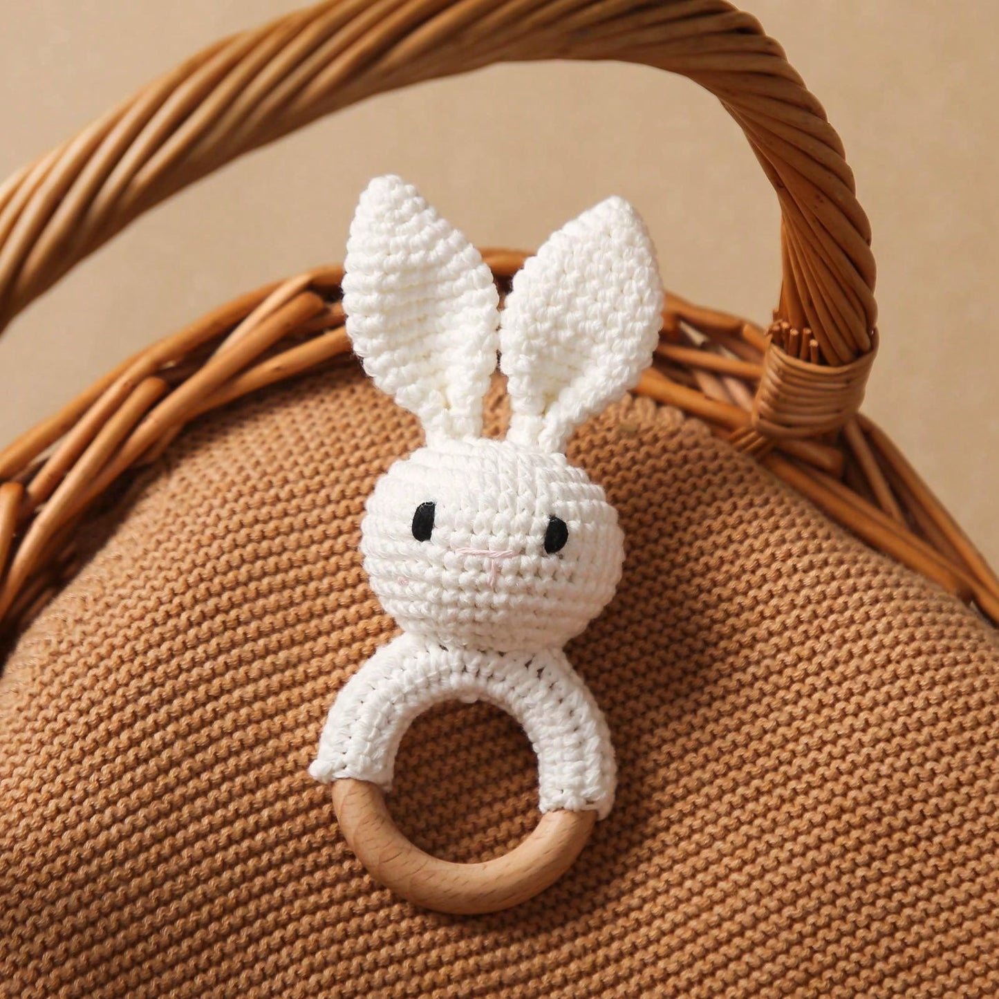 Baby Blue Crochet Pointy Ears Rabbit Beech Wood Ring Teether