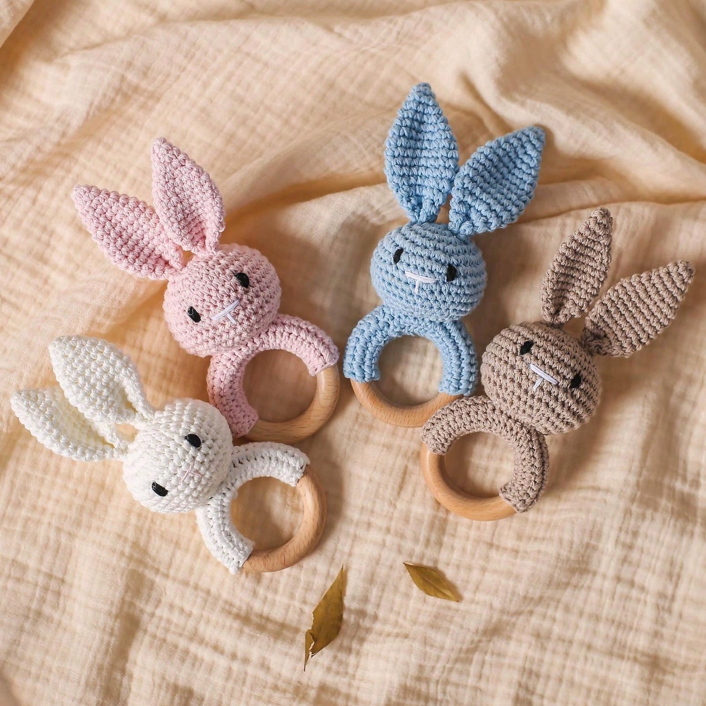 Baby Blue Crochet Pointy Ears Rabbit Beech Wood Ring Teether