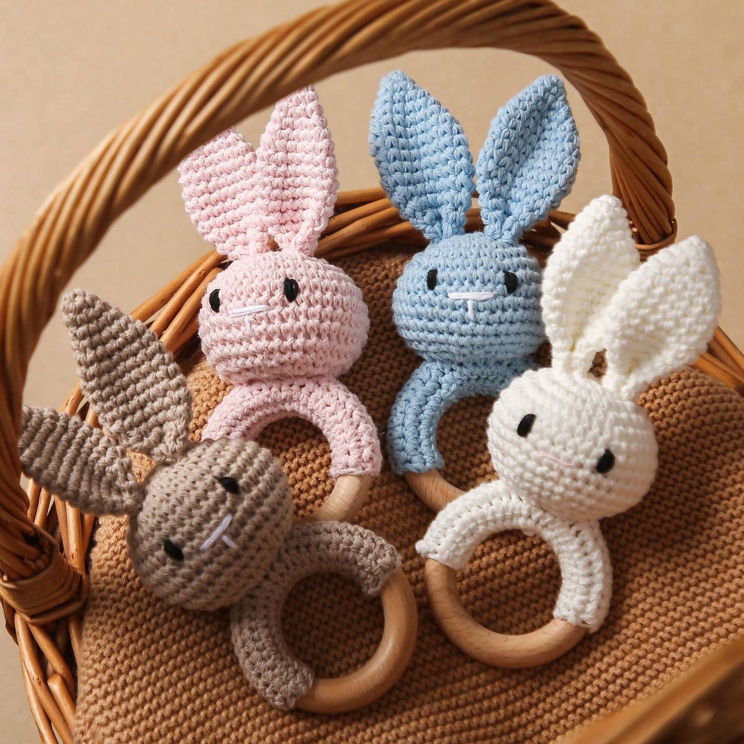 Baby Blue Crochet Pointy Ears Rabbit Beech Wood Ring Teether