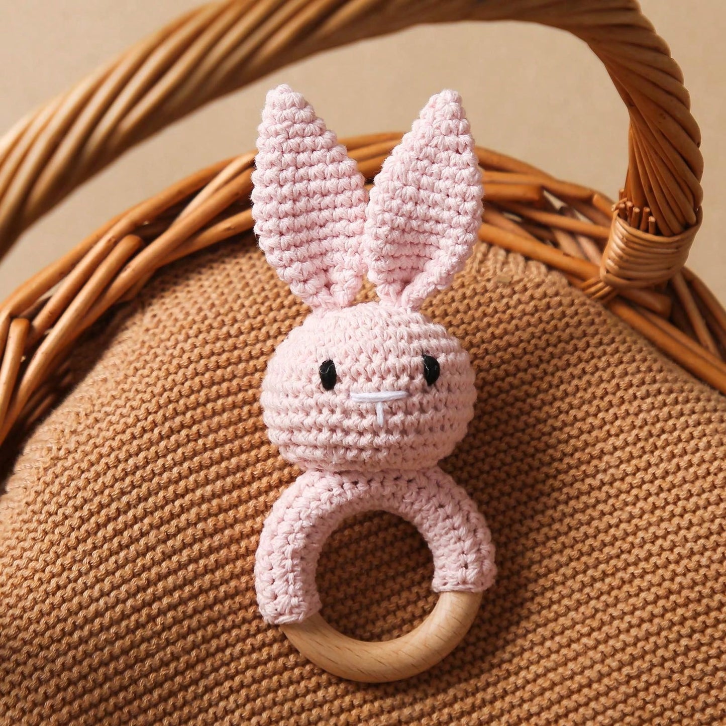 Baby Blue Crochet Pointy Ears Rabbit Beech Wood Ring Teether