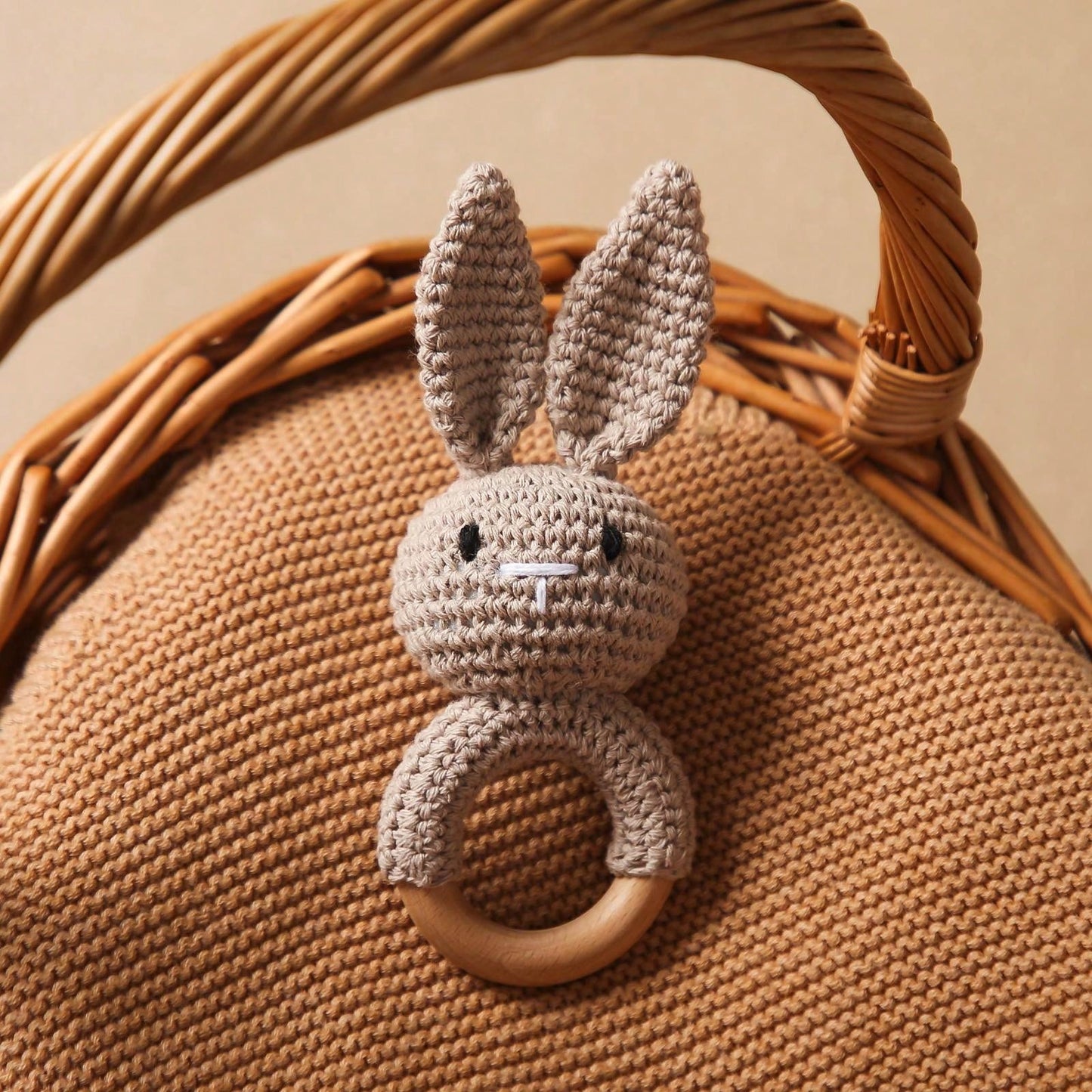 Baby Blue Crochet Pointy Ears Rabbit Beech Wood Ring Teether