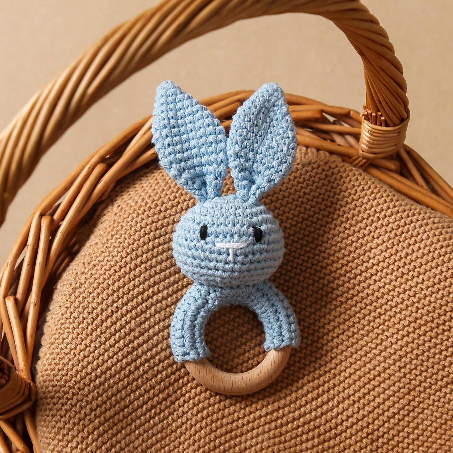 Baby Blue Crochet Pointy Ears Rabbit Beech Wood Ring Teether