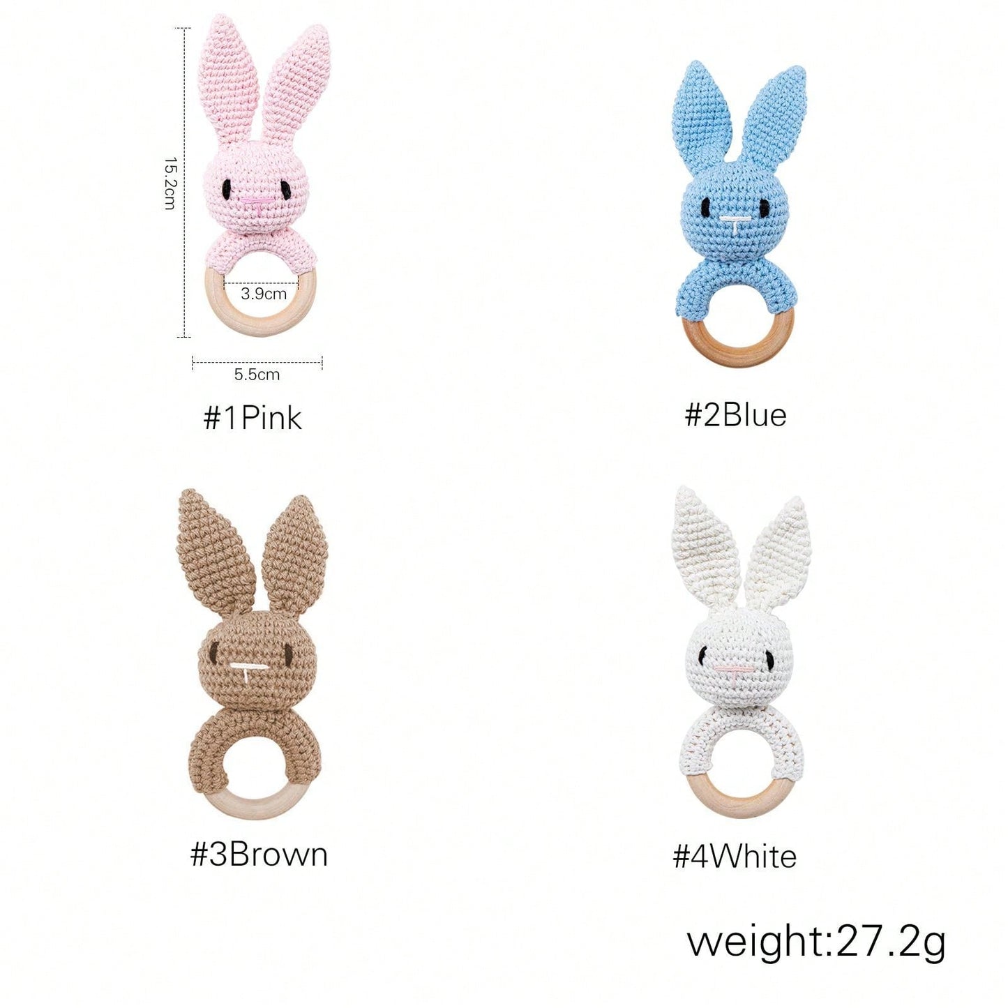 Baby Blue Crochet Pointy Ears Rabbit Beech Wood Ring Teether