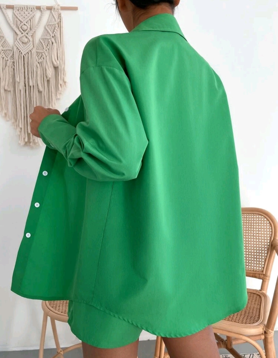 Solid Button Front Drop Shoulder Blouse & Shorts