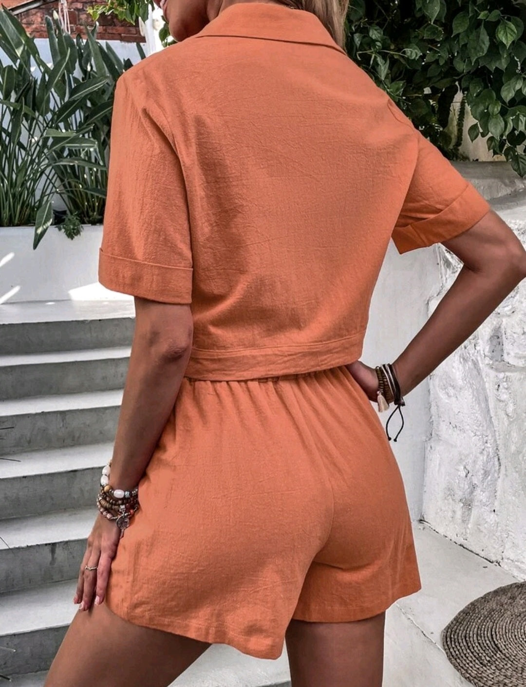 Solid Knot Hem Blouse & Paperbag Waist Shorts