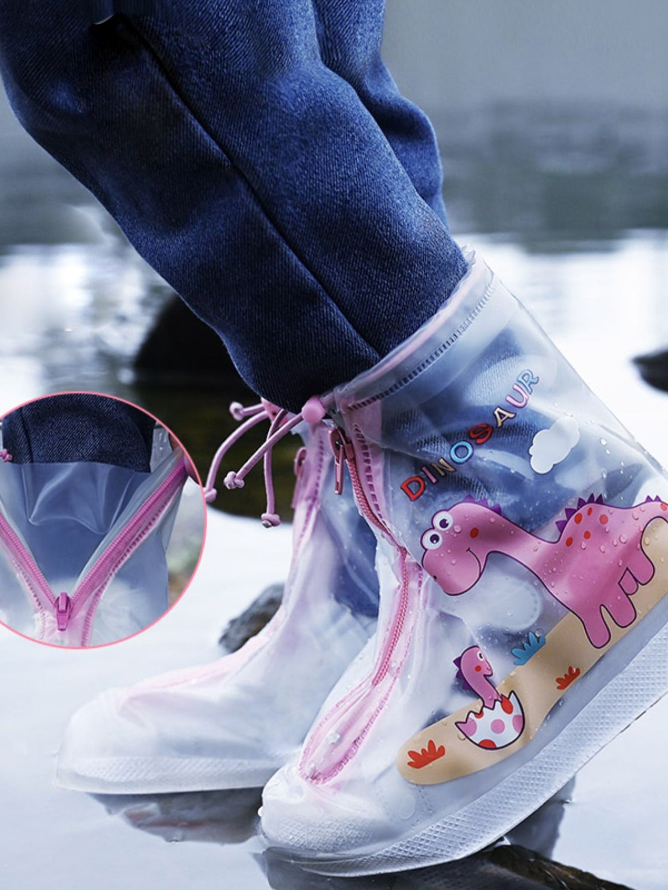 1pair Kids PVC Rain Boots Cover, Cartoon Cute Dinosaur Pattern Reusable Rain Shoe Cover For Kids For School,Office,Household,Travel