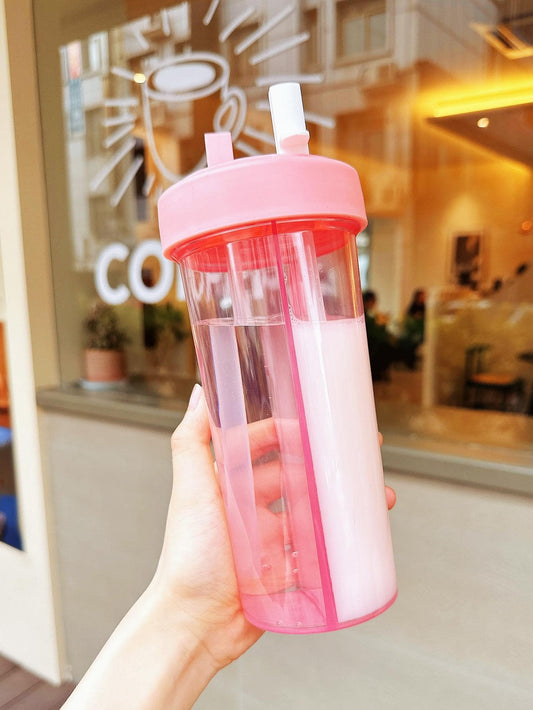 1pc Plastic Drinking Bottle With Two Straws, Creative Dual-Use Clear Portable Water Bottle For Outdoor