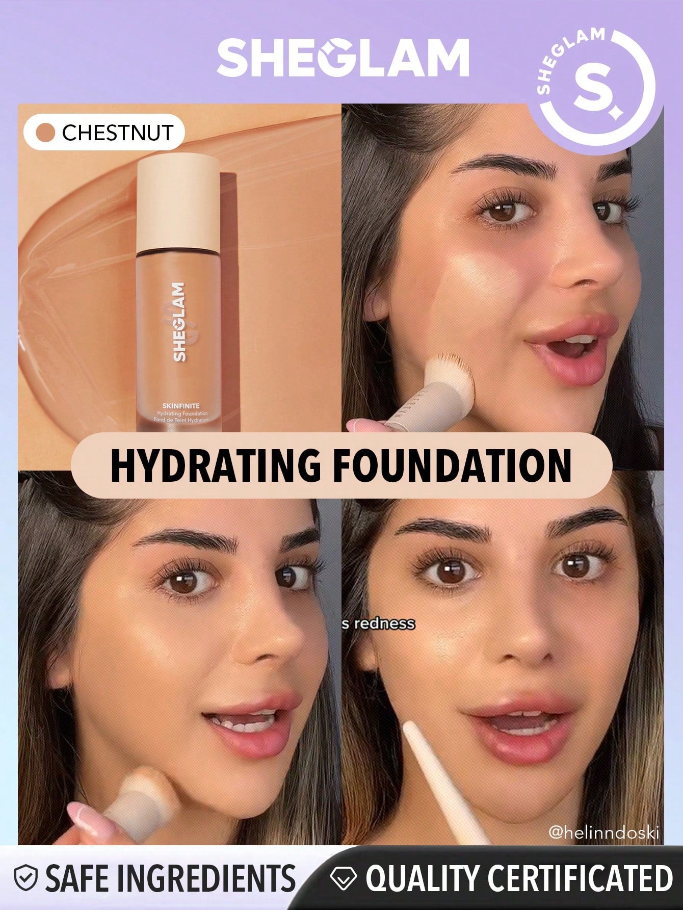 SHEGLAM Skinfinite Hydrating Foundation-Chestnut Flawless Dewy Foundation Hydrating Coverage Invisible Pore Concealer Poreless Non-Greasy Lightweight Natural Soft Liquid Foundation