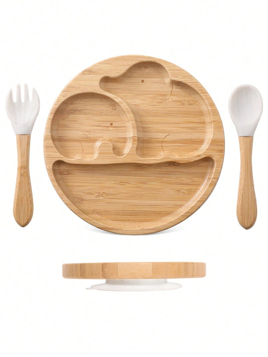 3pcs Elephant Shaped Bamboo Dinnerware Set With Fork And Spoon