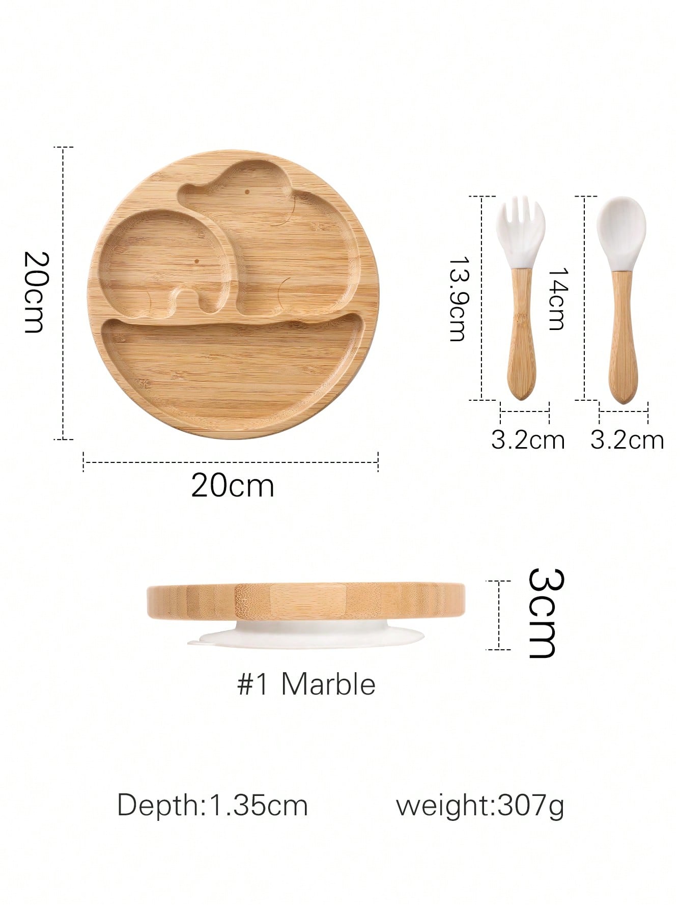 3pcs Elephant Shaped Bamboo Dinnerware Set With Fork And Spoon