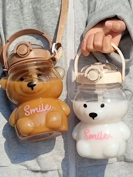1pc 1000ml white large capacity water bottle, portable cute bear shaped straw cup, for home and outdoor travel