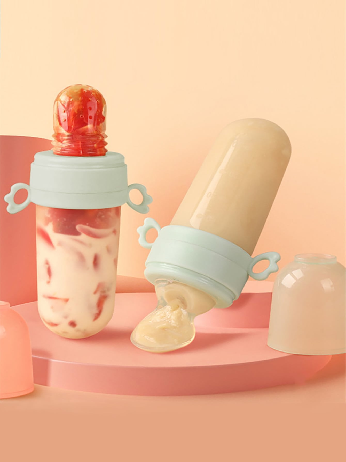 1pc Baby Multifunctional Silicone Squeeze Feeding Bottle With Handle & 3pcs Elastic Mesh Bag