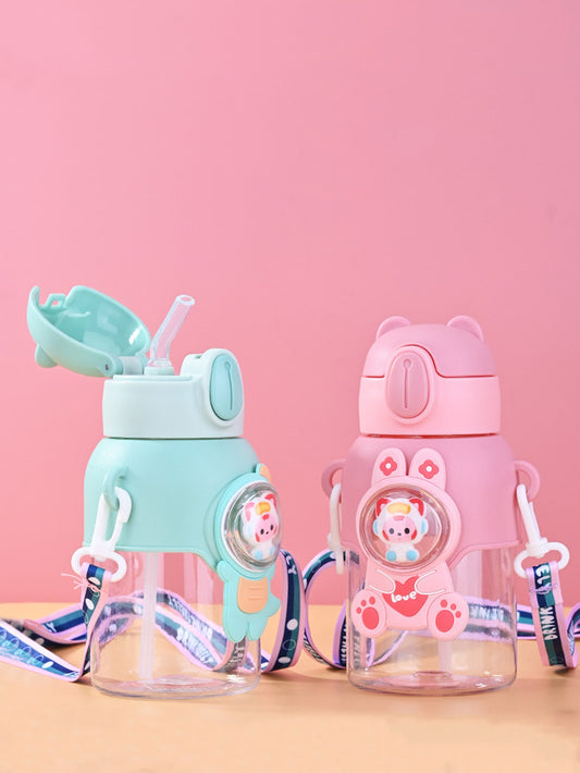 1pc Children's Portable Strap Water Bottle, Summer Cute Bear Shaped Plastic Cup, Anti-fall Straw Cup, Baby Water Kettle