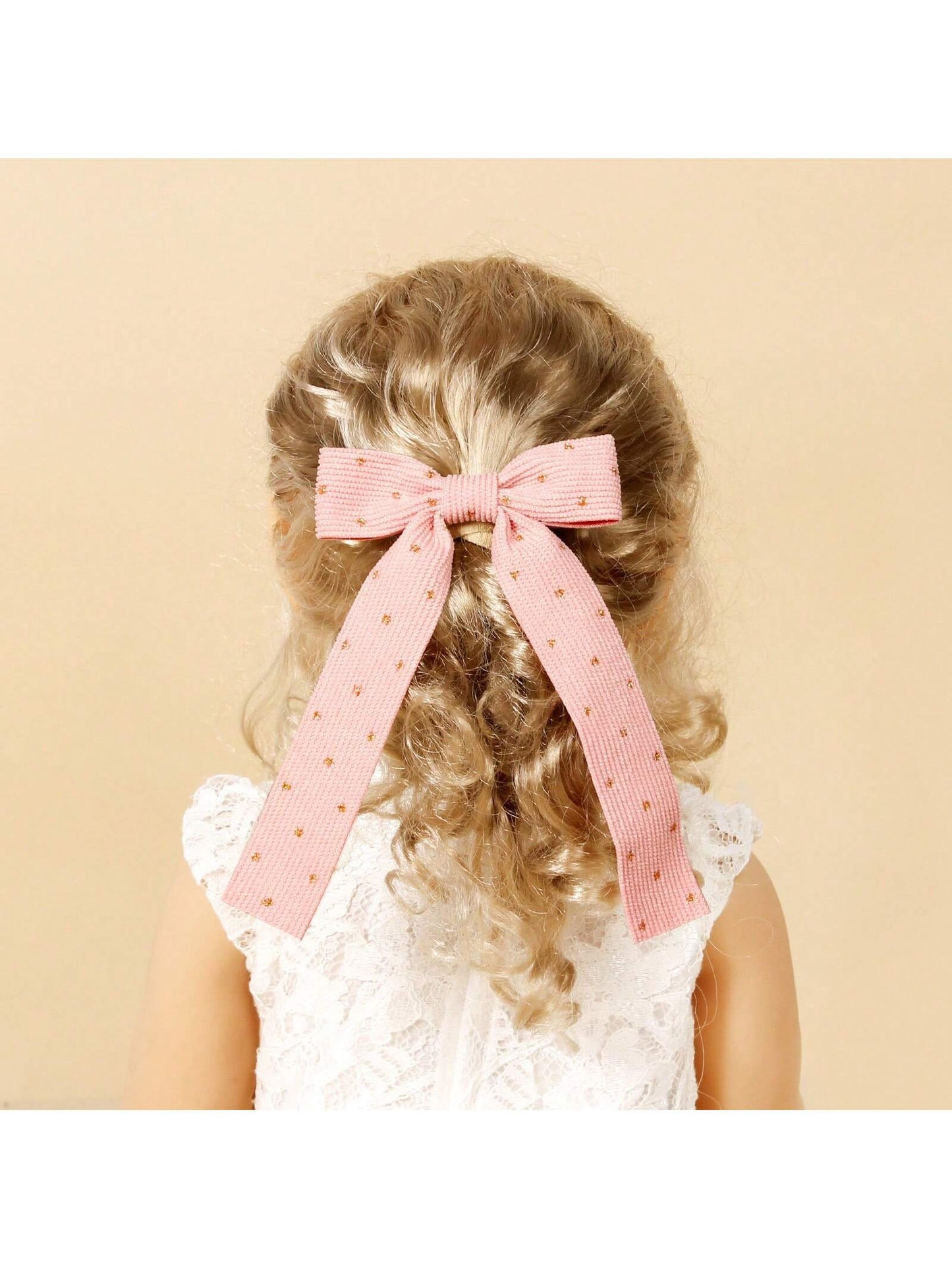 5pcs Girls' Gold Dotted Velvet Weave Ribbon Long Tail Hair Clip With Bow, Suitable For Ponytail