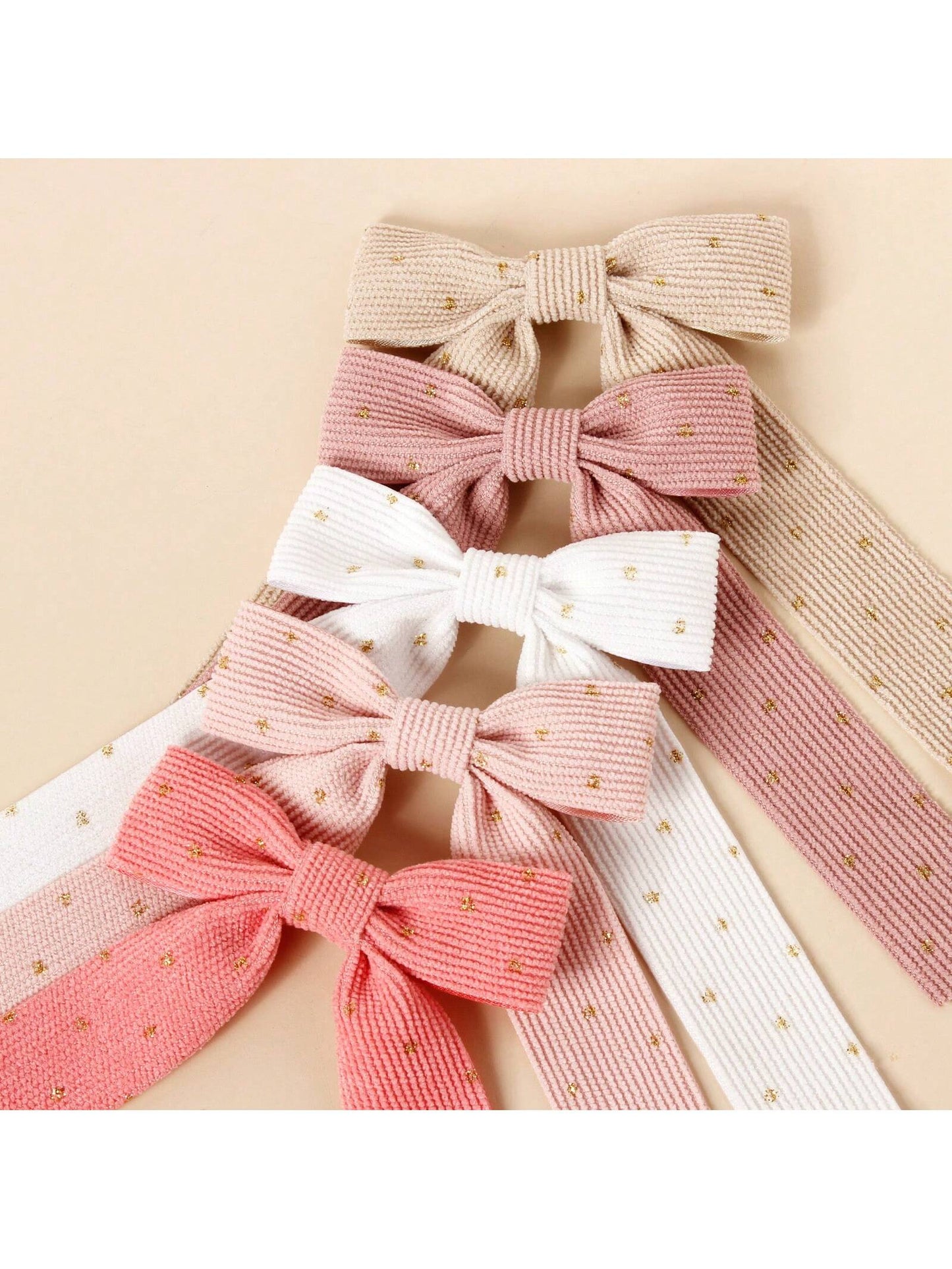 5pcs Girls' Gold Dotted Velvet Weave Ribbon Long Tail Hair Clip With Bow, Suitable For Ponytail