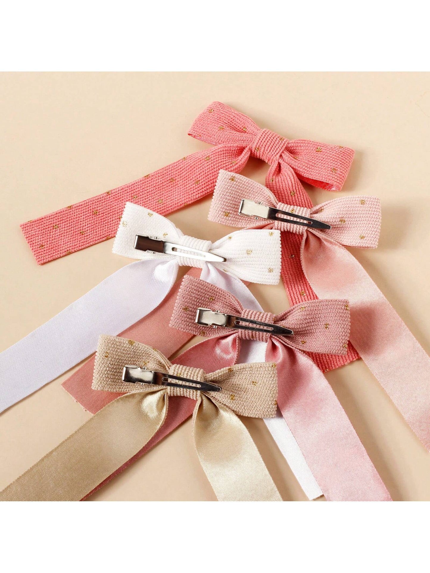 5pcs Girls' Gold Dotted Velvet Weave Ribbon Long Tail Hair Clip With Bow, Suitable For Ponytail