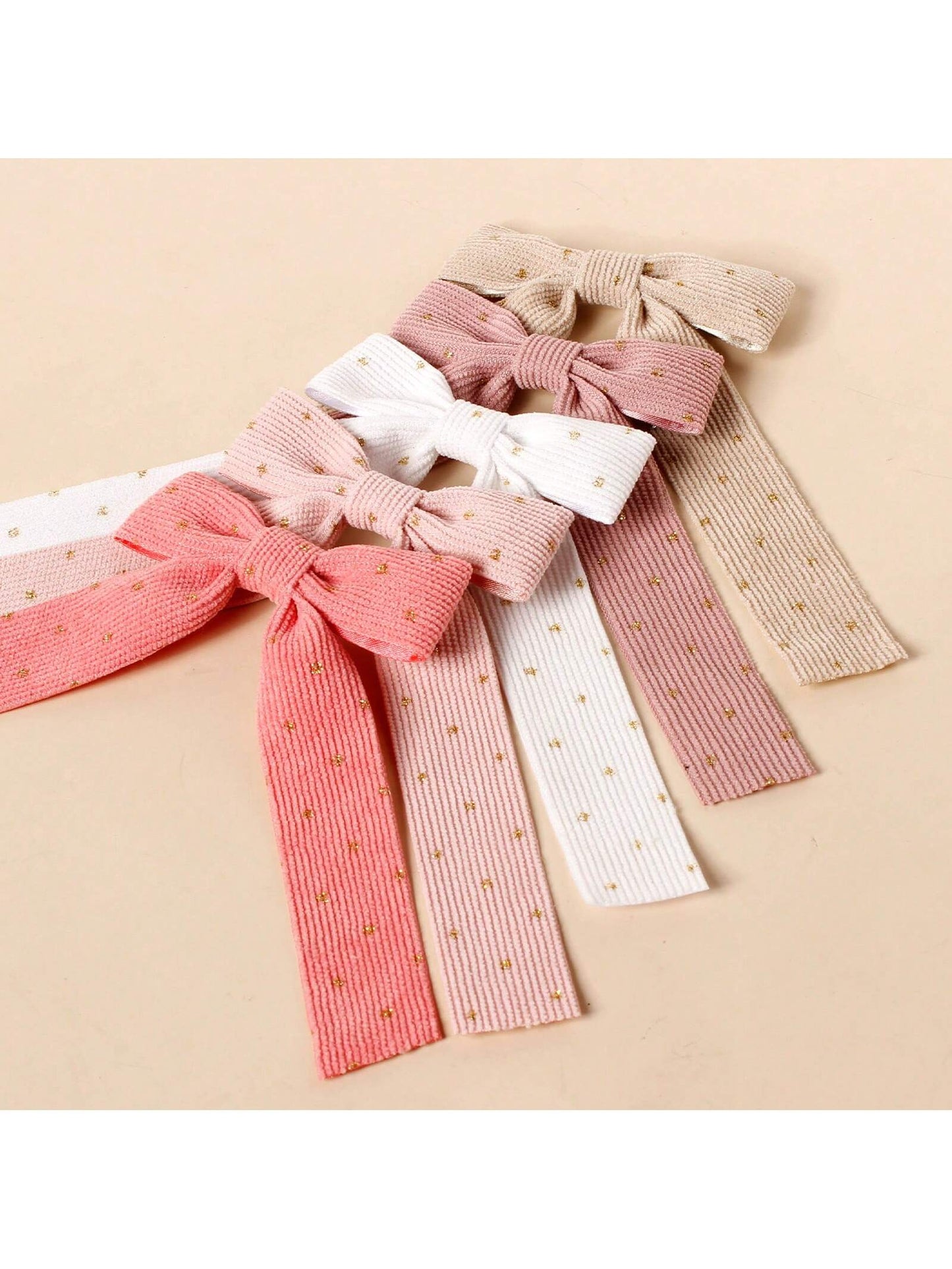 5pcs Girls' Gold Dotted Velvet Weave Ribbon Long Tail Hair Clip With Bow, Suitable For Ponytail