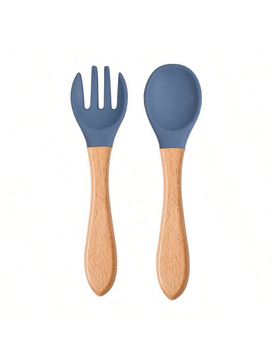 Silicone & Wooden Handle Spoon And Fork Set For Kids