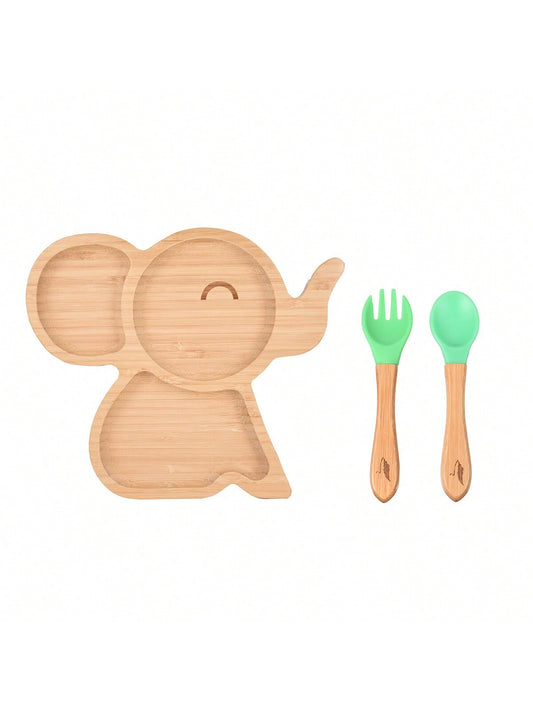 Cartoon Pattern Bamboo & Wood Infant Feeding Plate With Silicone Suction Cup, Slip-resistant Baby Food Tray