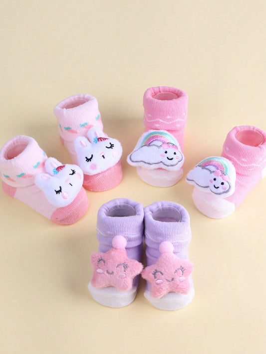 3pairs Lovely Rabbit Cartoon Anti-slip Baby Floor Socks, Stuffed Toys With Built-in Bells