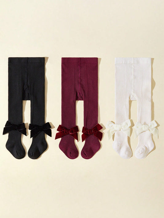 3pairs/pack Baby Girls' Velvet Butterfly Decor Tights With Footie, Autumn And Winter Warm