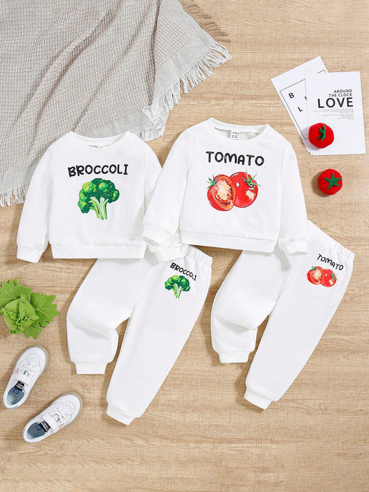 Infant Girls' Casual Cute Vegetable Patterned Long Sleeve Sweatshirt And Pants 4pcs Set