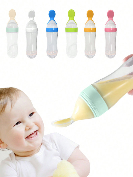 1pc Baby Food Dispensing Squeeze Spoon, Infant Silicone Feeding Bottle, Soft Spoon With Dust Cover For Grains And Puree