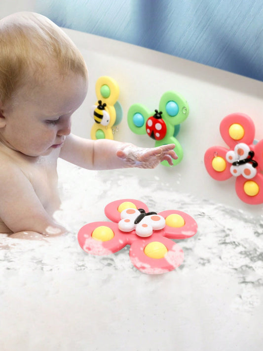 3pcs Kids' Bath Tub Fun Toys: Beetle Shaped Turn & Shake Rattle, Anxiety Relief Spinner & Suction Pool Toy Set