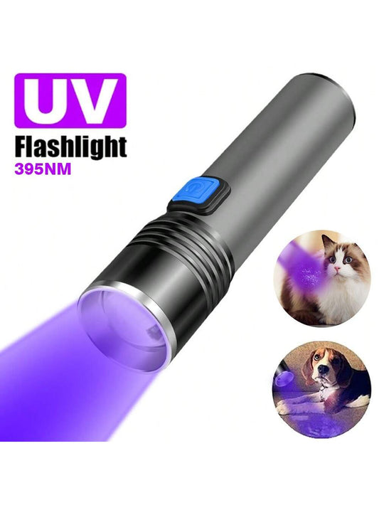 1PC Portable UV 395nm Flashlight Rechargeable, Aluminum Alloy, 3 Modes Zoomable Blacklight, Ultraviolet USB Torches, Pet Urine Stay Detector Lamps