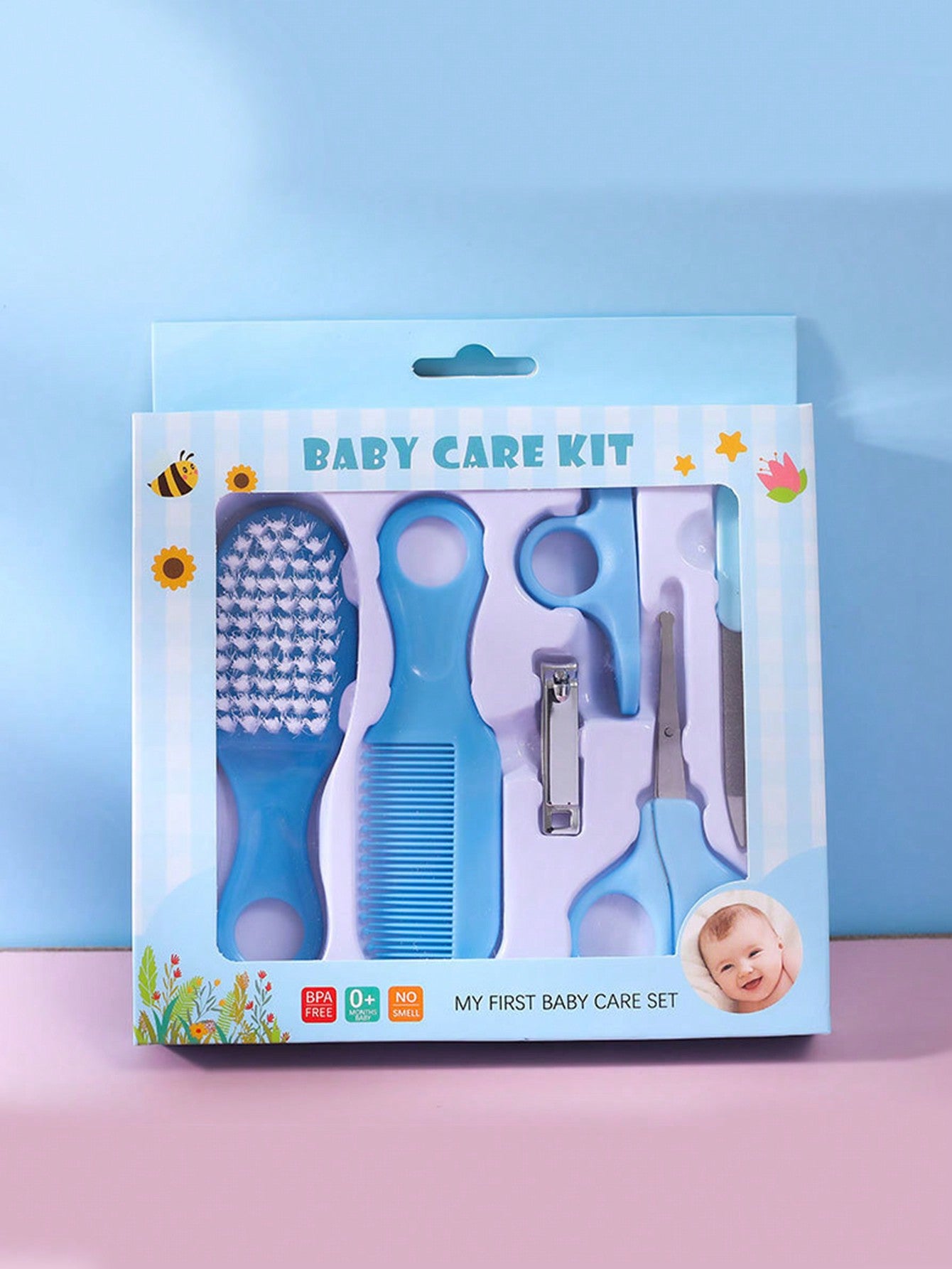 6pcs Newborn Baby Nail And Hair Care Kit In Blue Including Beauty Brush, Comb And Nail Set For Home Use