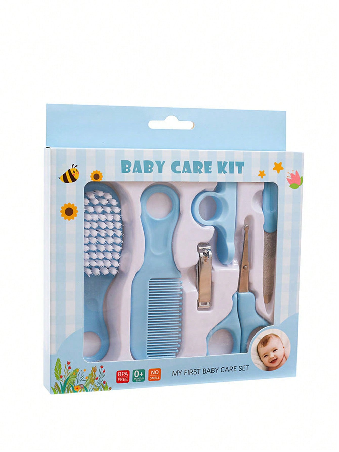 6pcs Newborn Baby Nail And Hair Care Kit In Blue Including Beauty Brush, Comb And Nail Set For Home Use