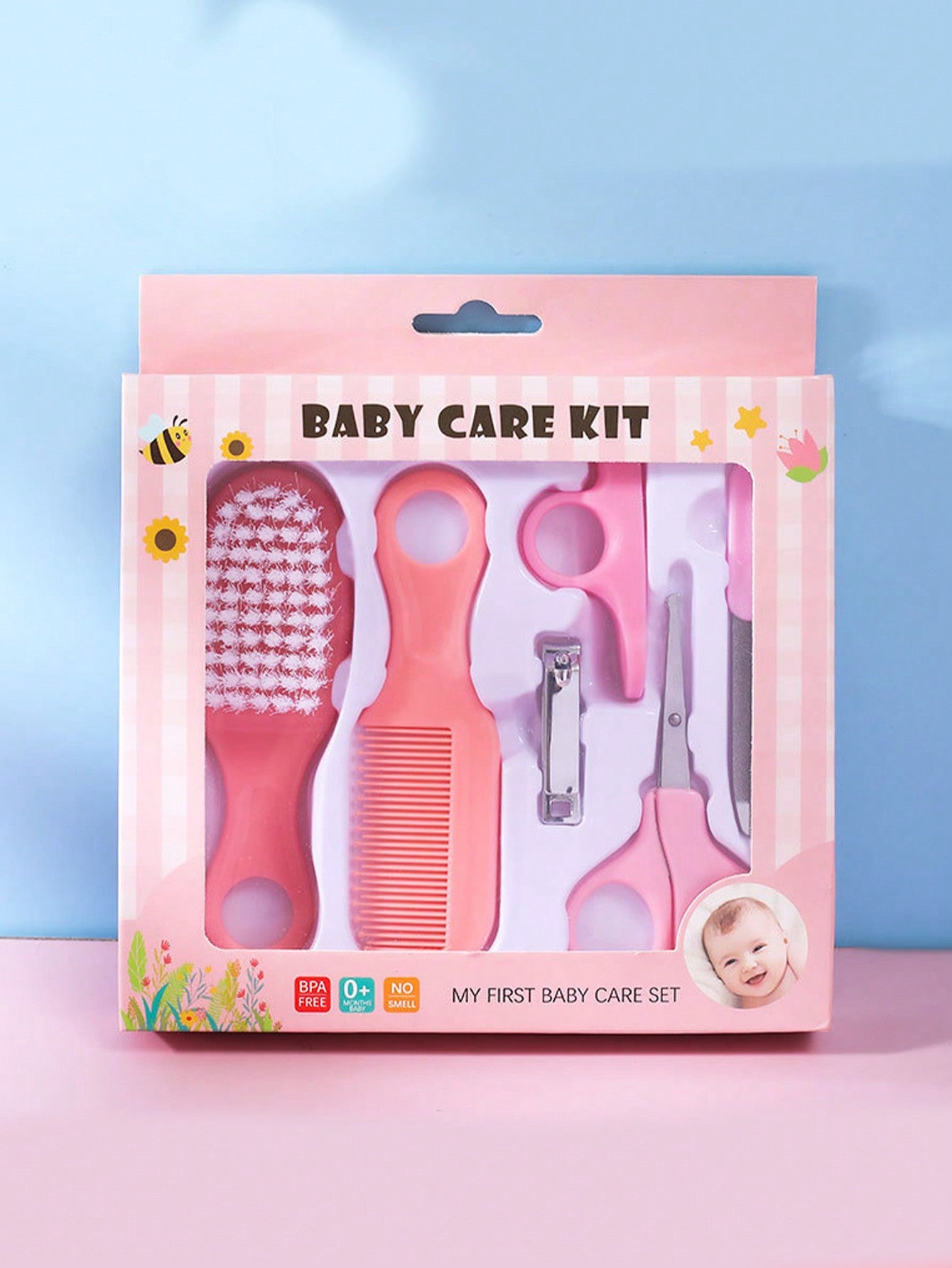 6pcs Newborn Baby Nail And Hair Care Kit In Blue Including Beauty Brush, Comb And Nail Set For Home Use