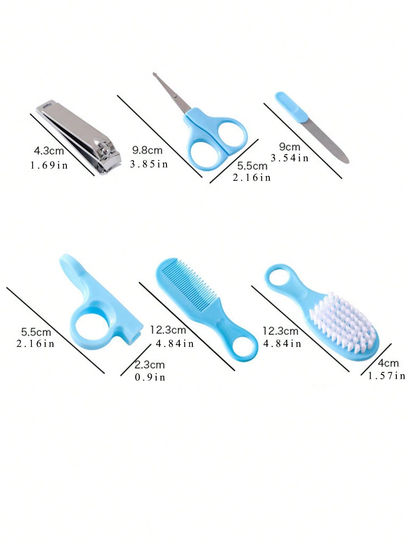 6pcs Newborn Baby Nail And Hair Care Kit In Blue Including Beauty Brush, Comb And Nail Set For Home Use