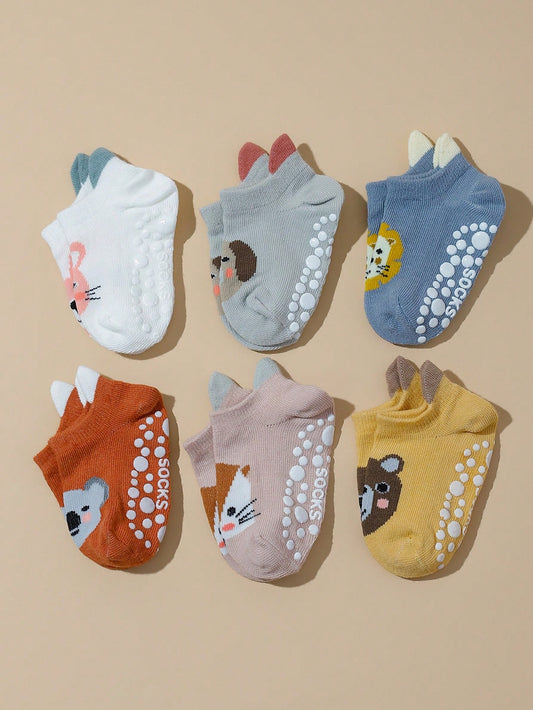 6pairs Cartoon Animal Anti-Slip Baby Learning To Walk Socks For Spring And Autumn
